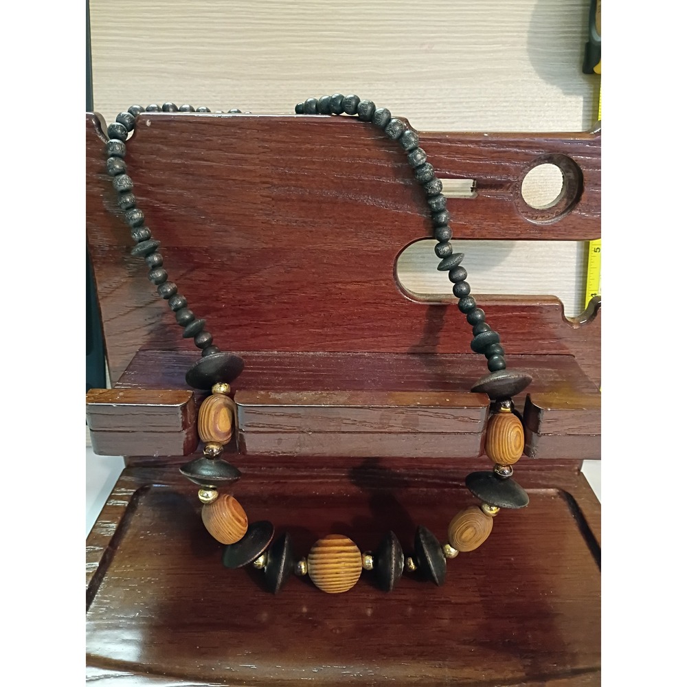 Vintage Chunky Wood Bead Statement Necklace Boho Earthy Brown Black Gold Tone